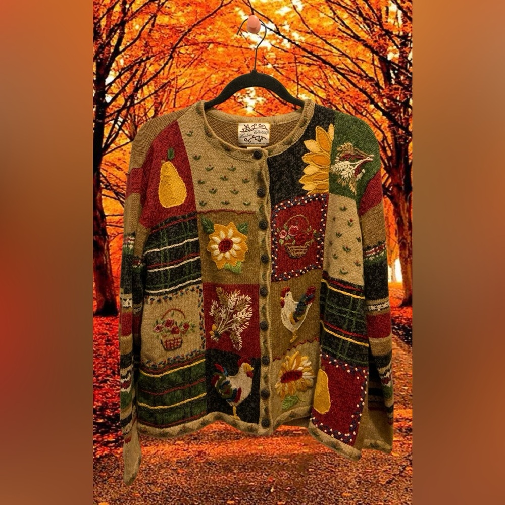 VTG HEIRLOOM COLLECTIBLES Embroidered Patchwork Button-Up Knit Sweater Size L 🐓🌻